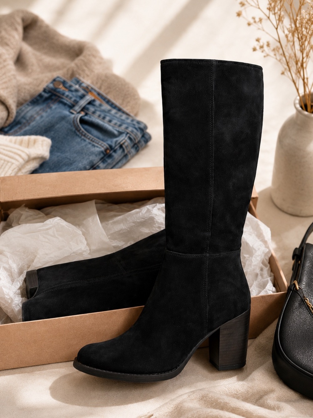 Crevo Black Suede Knee High Boots 10 | Block Heel Classic NIB